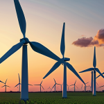 A wind turbine farm at sunset, showcasing the turbines turning, with a focus on the environmental benefits and sustainable energy.