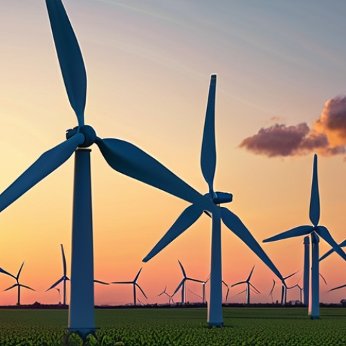 Home 11 A wind turbine farm at sunset, showcasing the turbines turning, with a focus on the environmental benefits and sustainable energy.