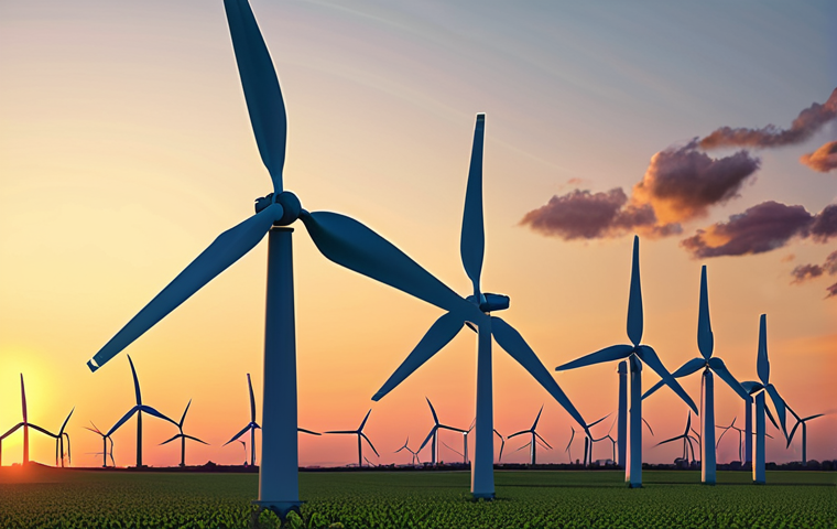 A wind turbine farm at sunset, showcasing the turbines turning, with a focus on the environmental benefits and sustainable energy.