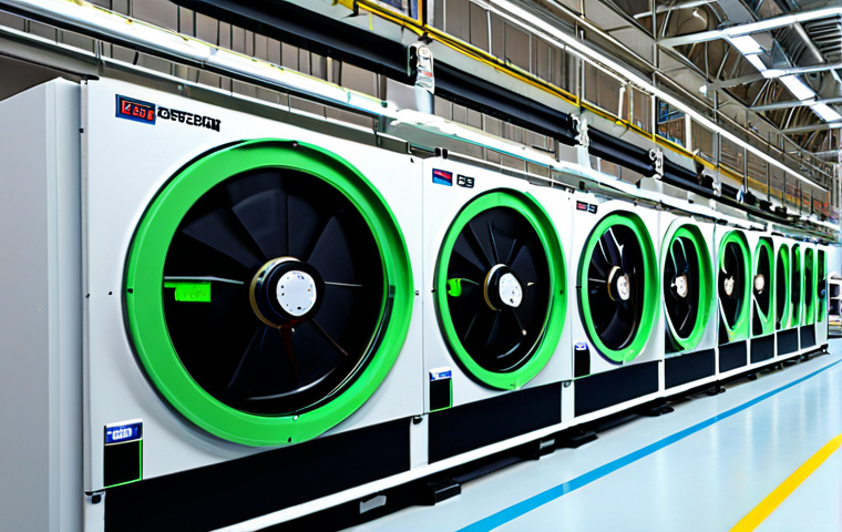 **
"A modern factory interior showcasing a high-efficiency motor powering a complex machine. Visual elements should emphasize energy savings and advanced technology, perhaps with subtle visual cues like a green energy symbol or a data overlay showing reduced energy consumption."
**