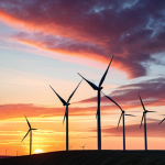 **

A vast wind farm at sunset. Sleek, modern wind turbines are silhouetted against a colorful sky. In the foreground, a helicopter surveys the area, representing site selection. Include data overlays showing wind direction and speed.

**