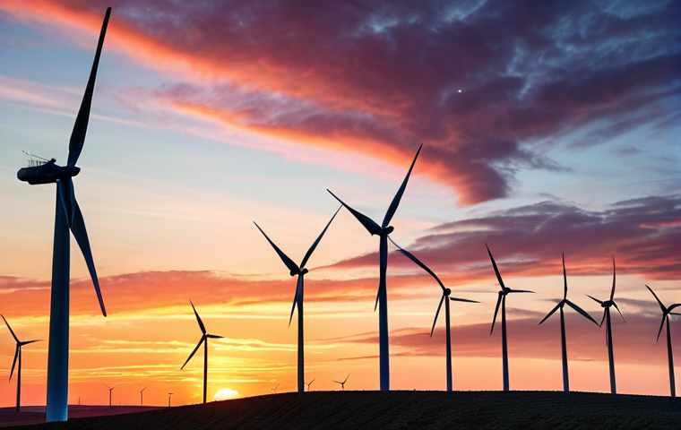 **
A vast wind farm at sunset. Sleek, modern wind turbines are silhouetted against a colorful sky. In the foreground, a helicopter surveys the area, representing site selection. Include data overlays showing wind direction and speed.
**
